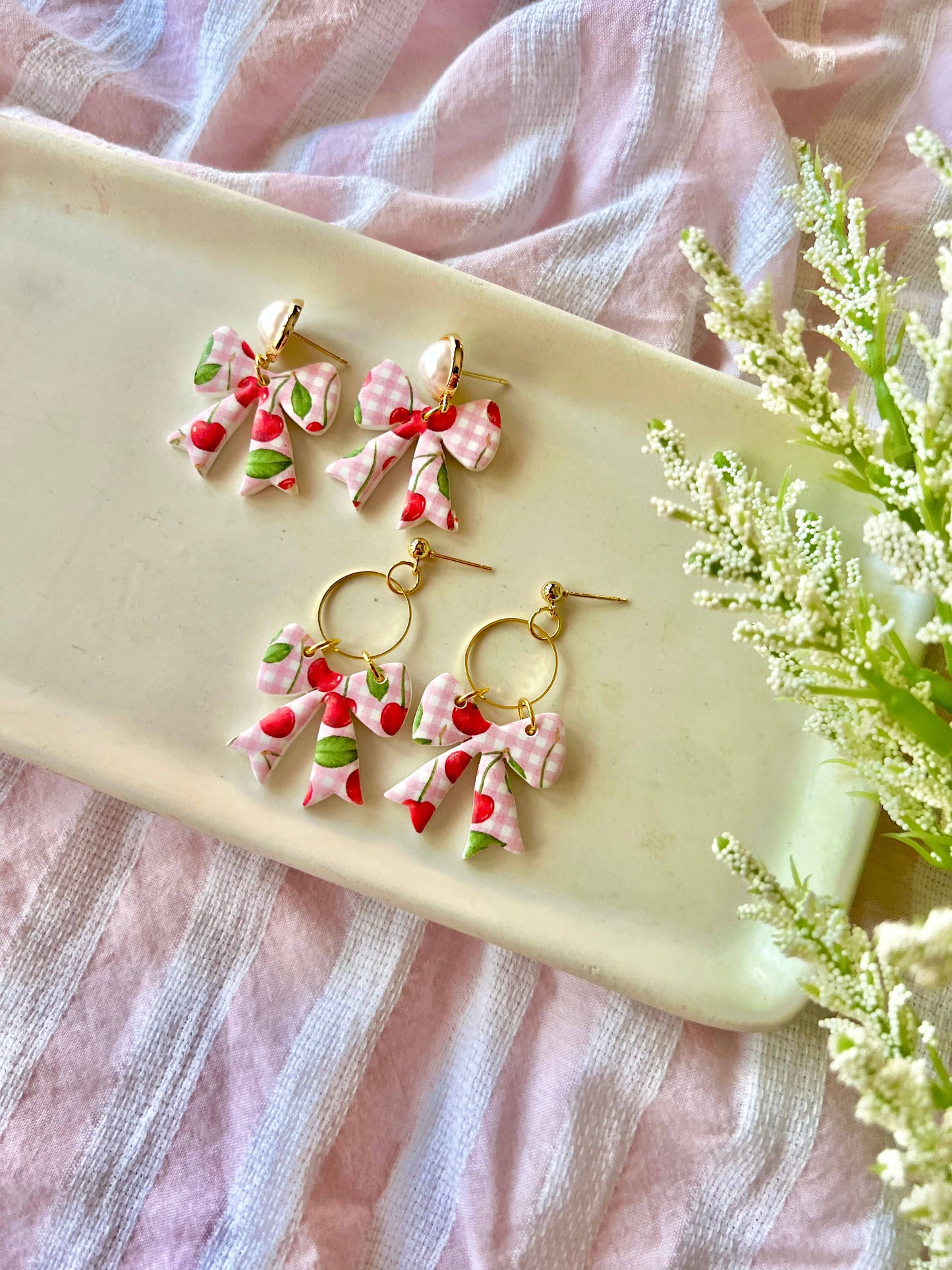 Cherry Bow Earrings, Cherry Clay Earrings, Bow Clay Earrings