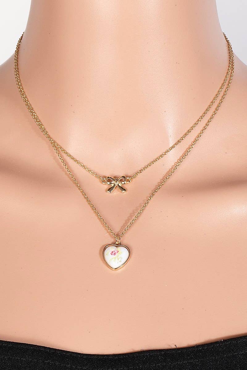 Enamel Floral Heart And Ribbon Bow Layered Chain Necklace