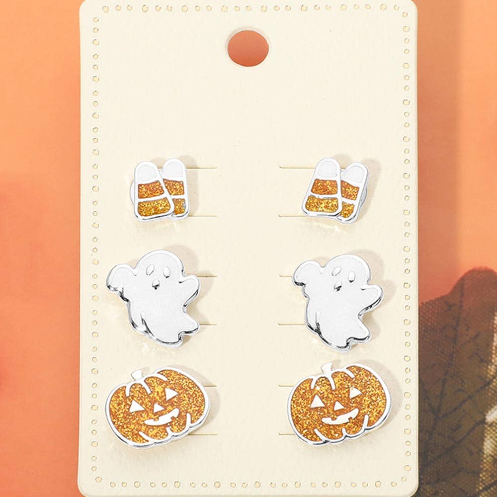 3Pairs - Halloween Candy Corn Ghost Pumpkin Stud Earring Set