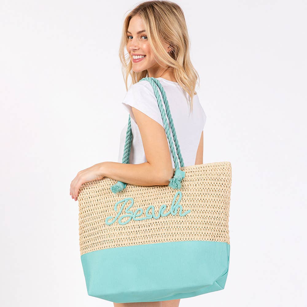 BEACH Message Embroidered Rope Handle Crochet Tote Bag