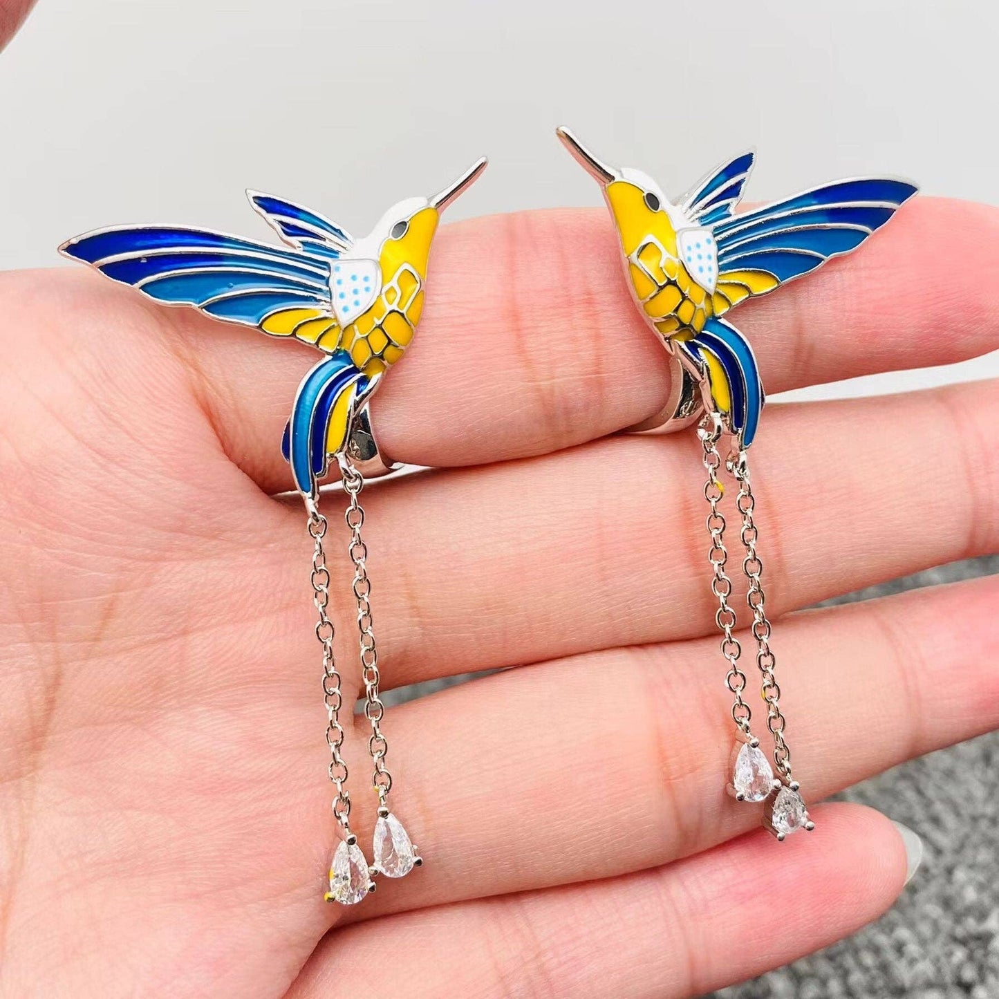 Enamel Hummingbird Charm Pendant Post Earrings