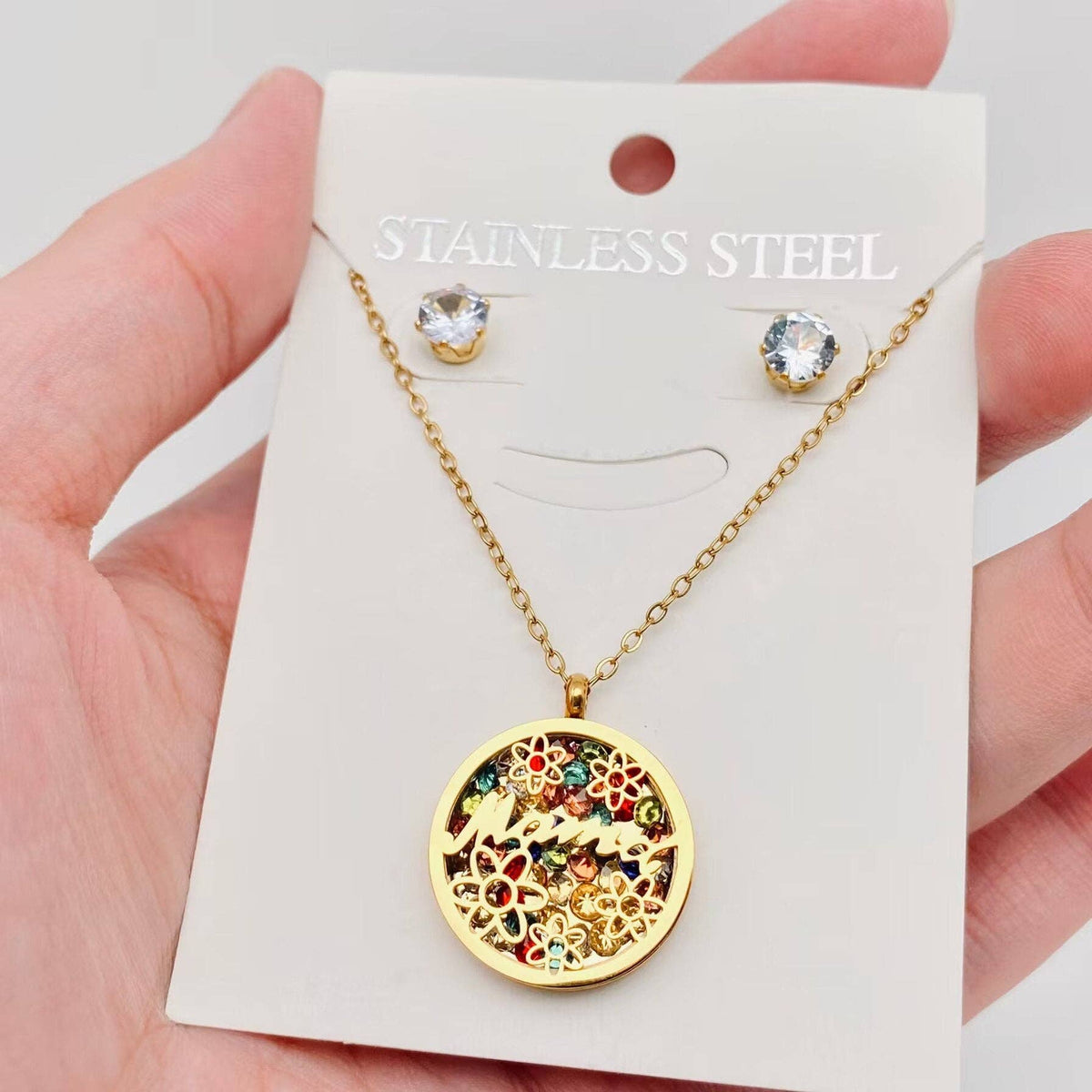 Mama 18K Gold Plated Stainless Steel Necklace and Ear Studs
