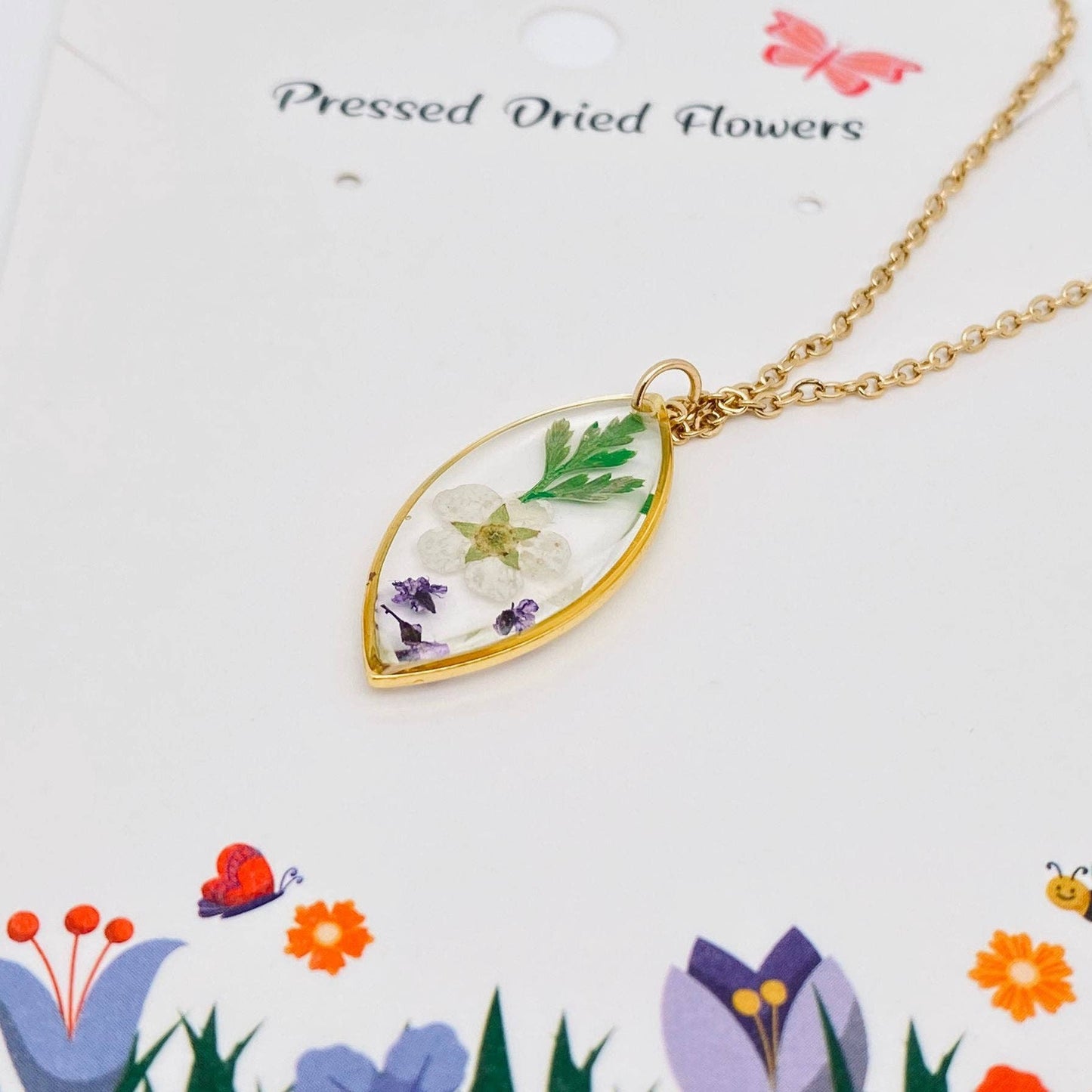 Floral Geometric Dried Flowers Stainless Steel Necklace -PDF