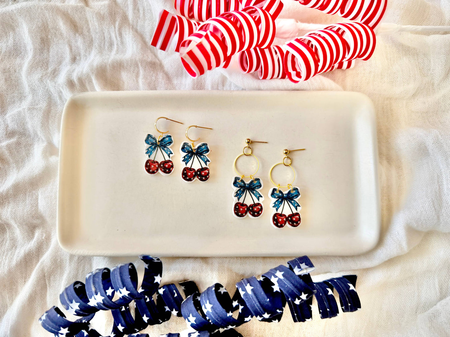 Patriotic Cherry Clay Earrings, Stars and Stripes Earrings