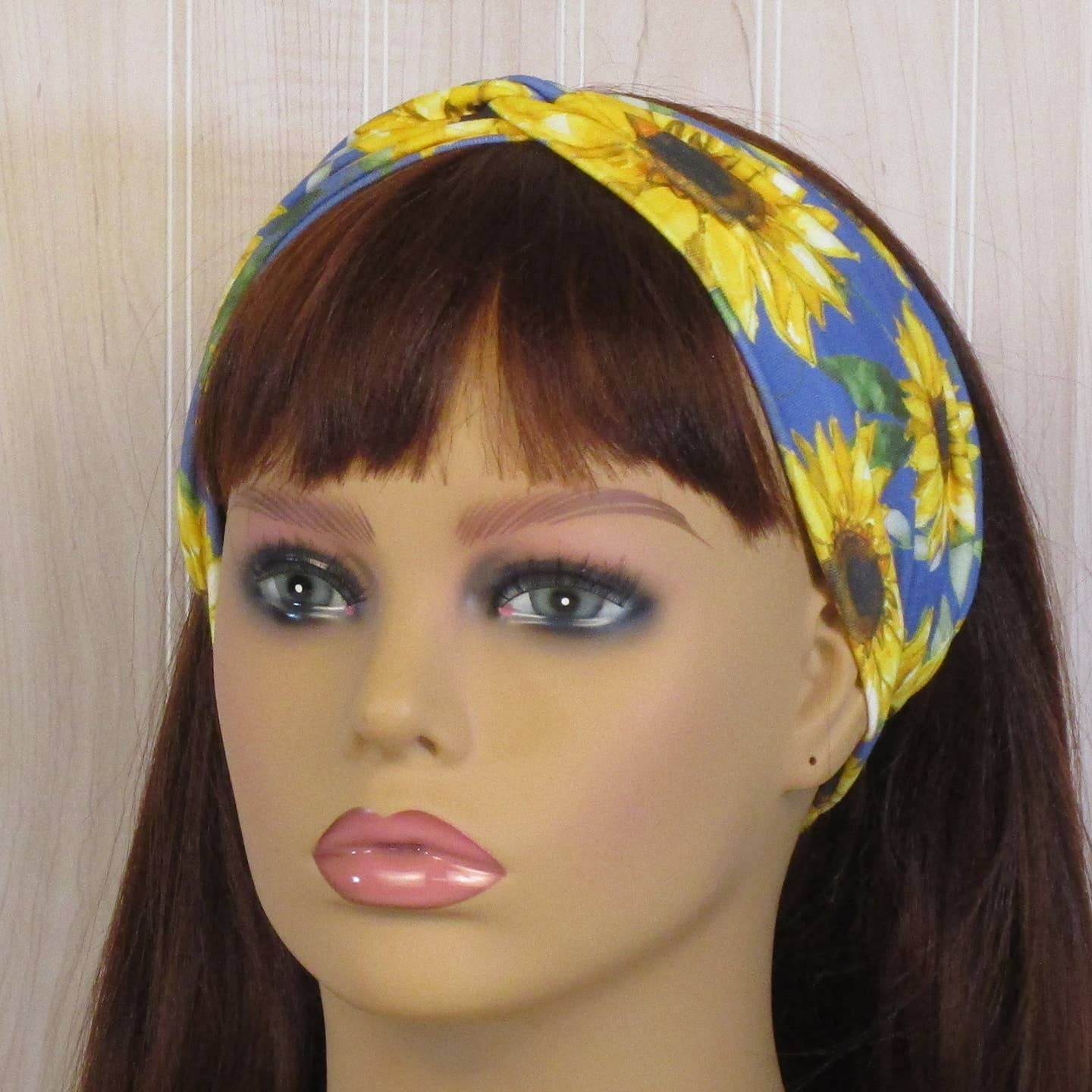 Sunflower Watercolor Print on Blue Knit Twist Headband