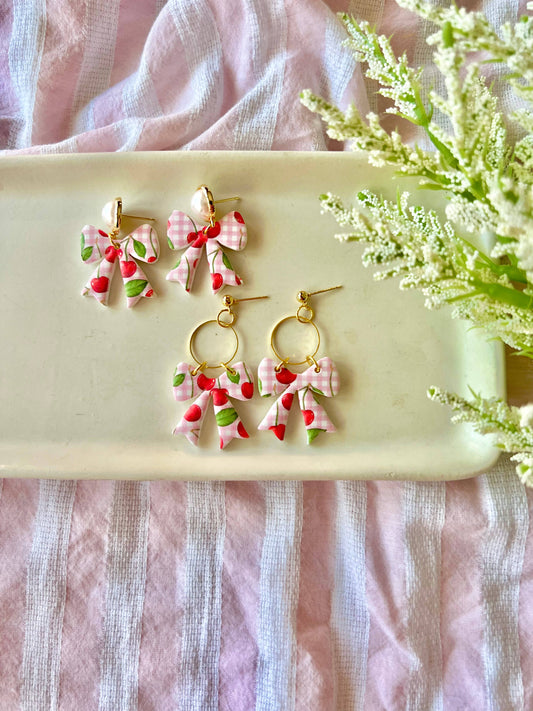 Cherry Bow Earrings, Cherry Clay Earrings, Bow Clay Earrings