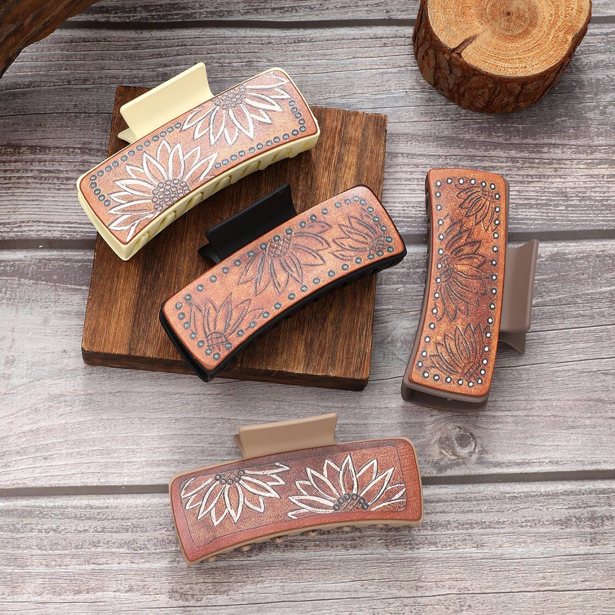 LEATHER SUNFLOWER PATTERN WESTERN HAIR CLAW CLIPS_CWASC1622