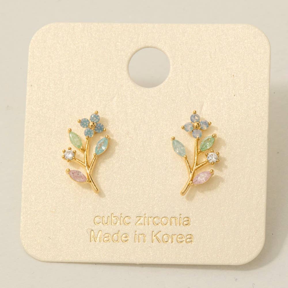 Gold Dipped Flower Leaf Cz Earrings