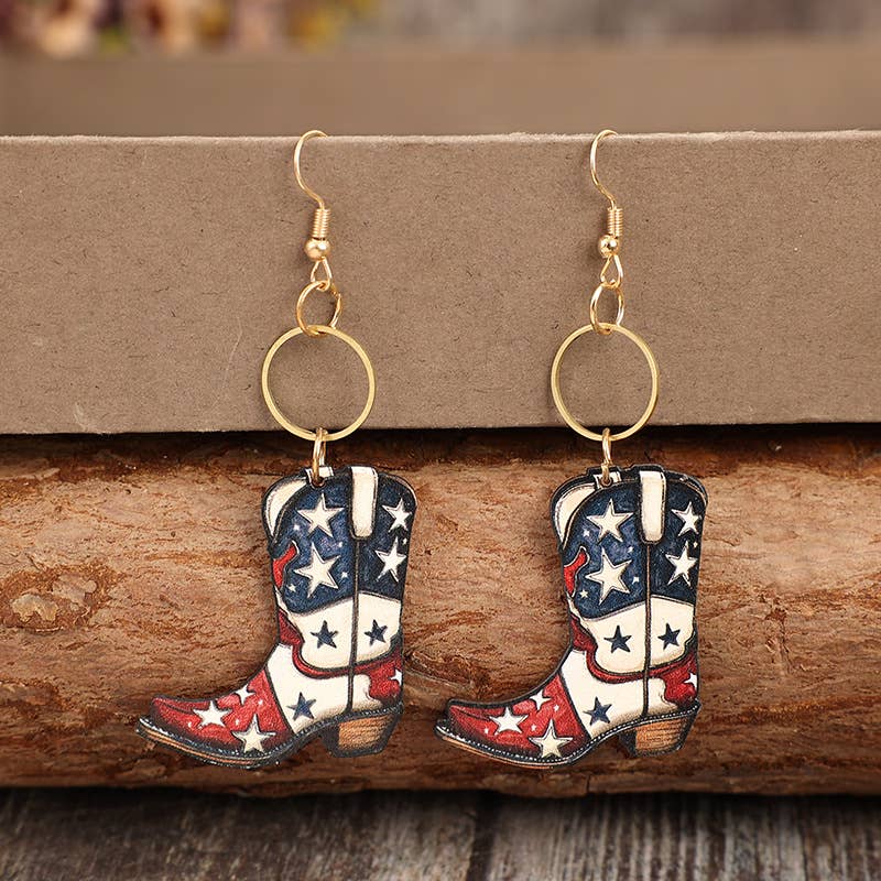USA Vintage Western Boots Pentagram Wooden Earrings SP529