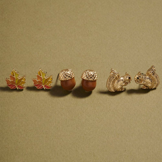 3Pairs - Autumn Leaf Acorn Squirrel Stud Earring Set