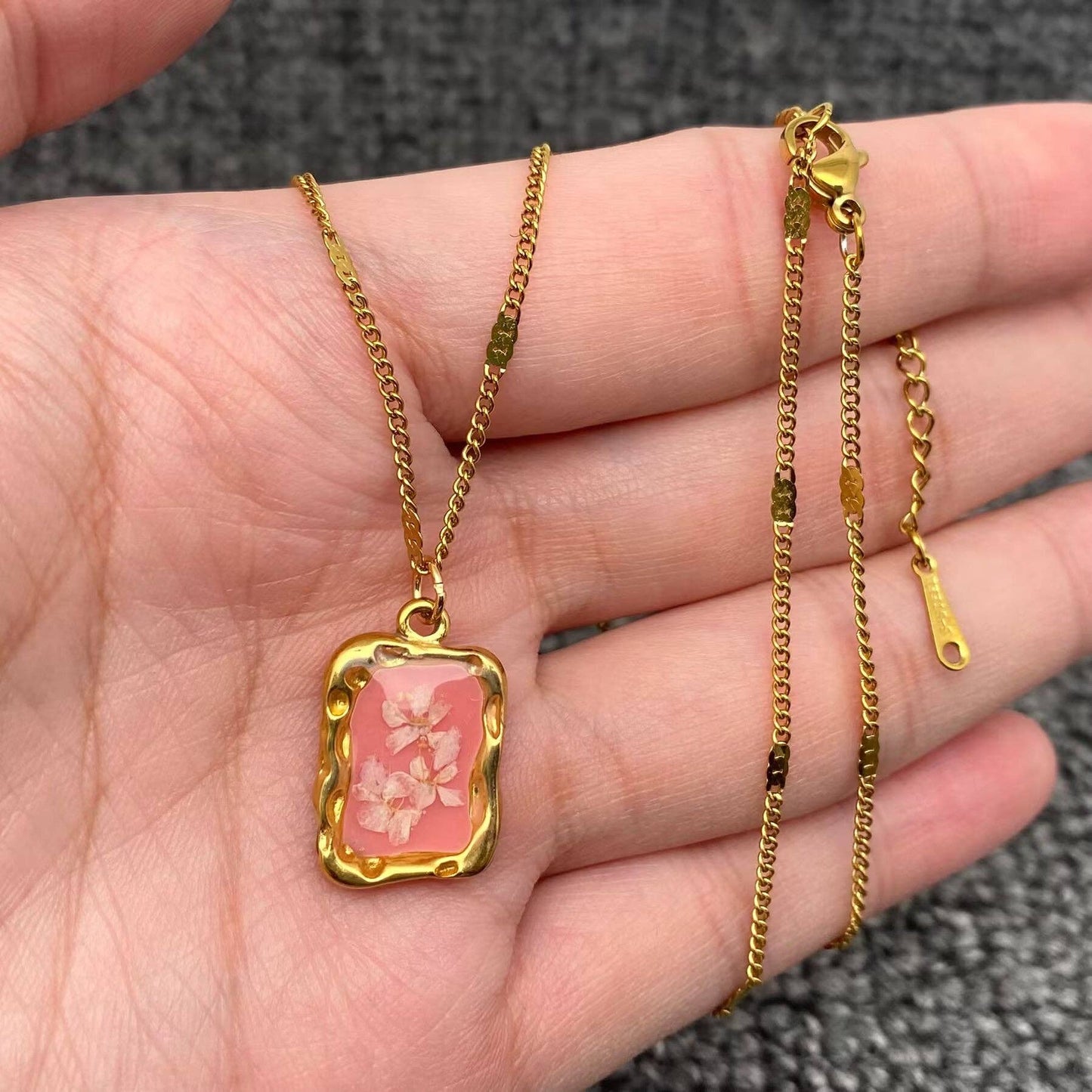 18K Gold Plated SS Dried Flowers Charm Necklace - FGS/PDF