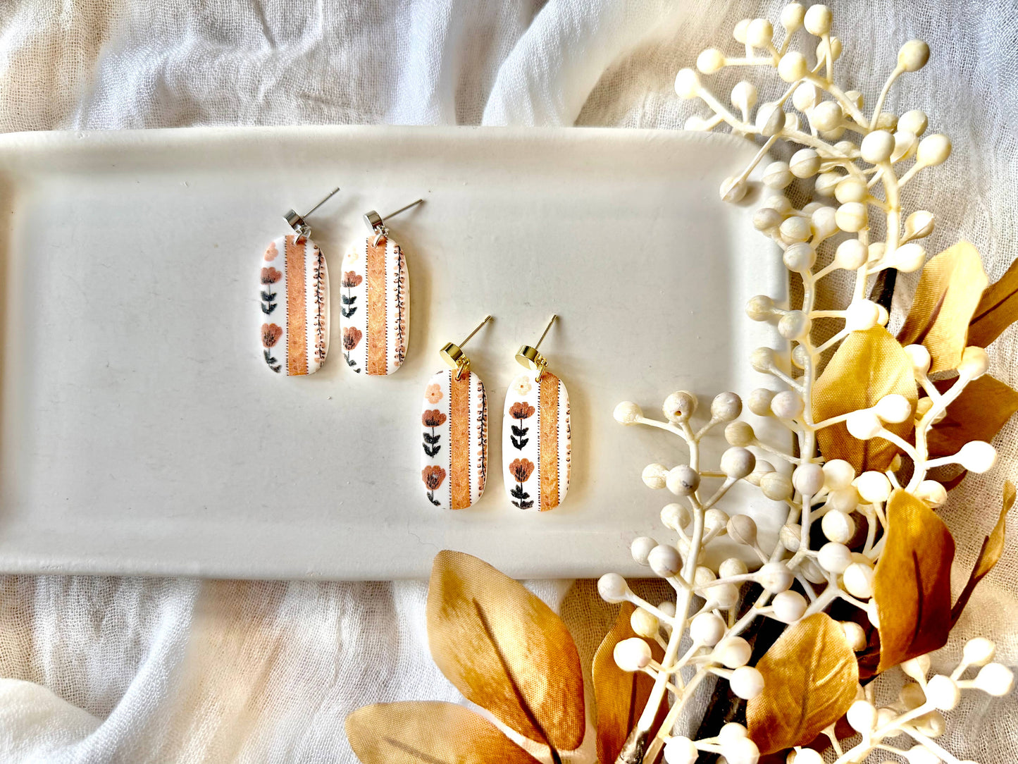 Fall Floral Earrings, Fall Clay Earrings, Neutral Earrings