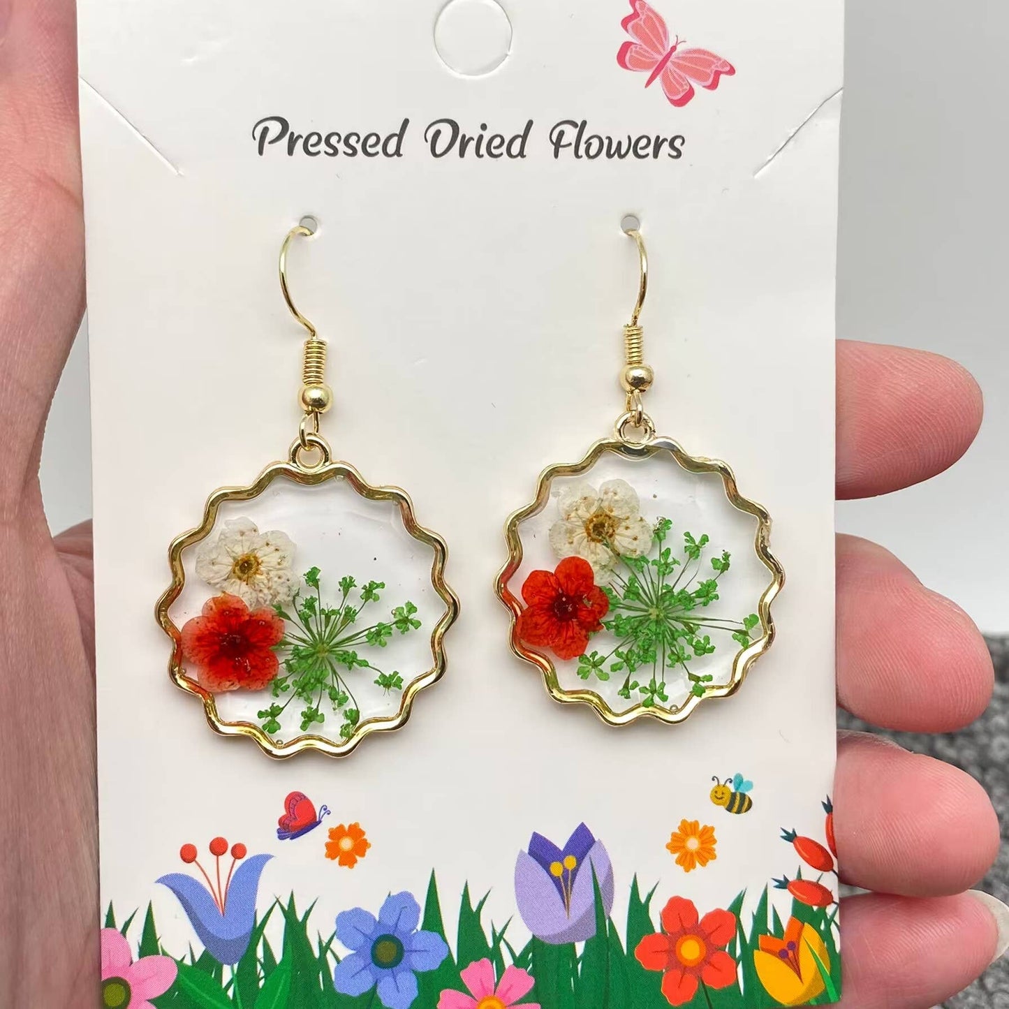 Queen Anne's Lace & Daffodil Dried Flower Dangle Earring-PDF