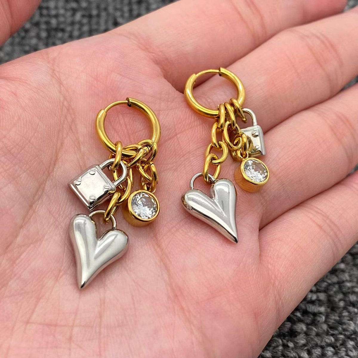 Heart & Lock Two Tone 18K Gold Plated S.Steel Earrings - FGS