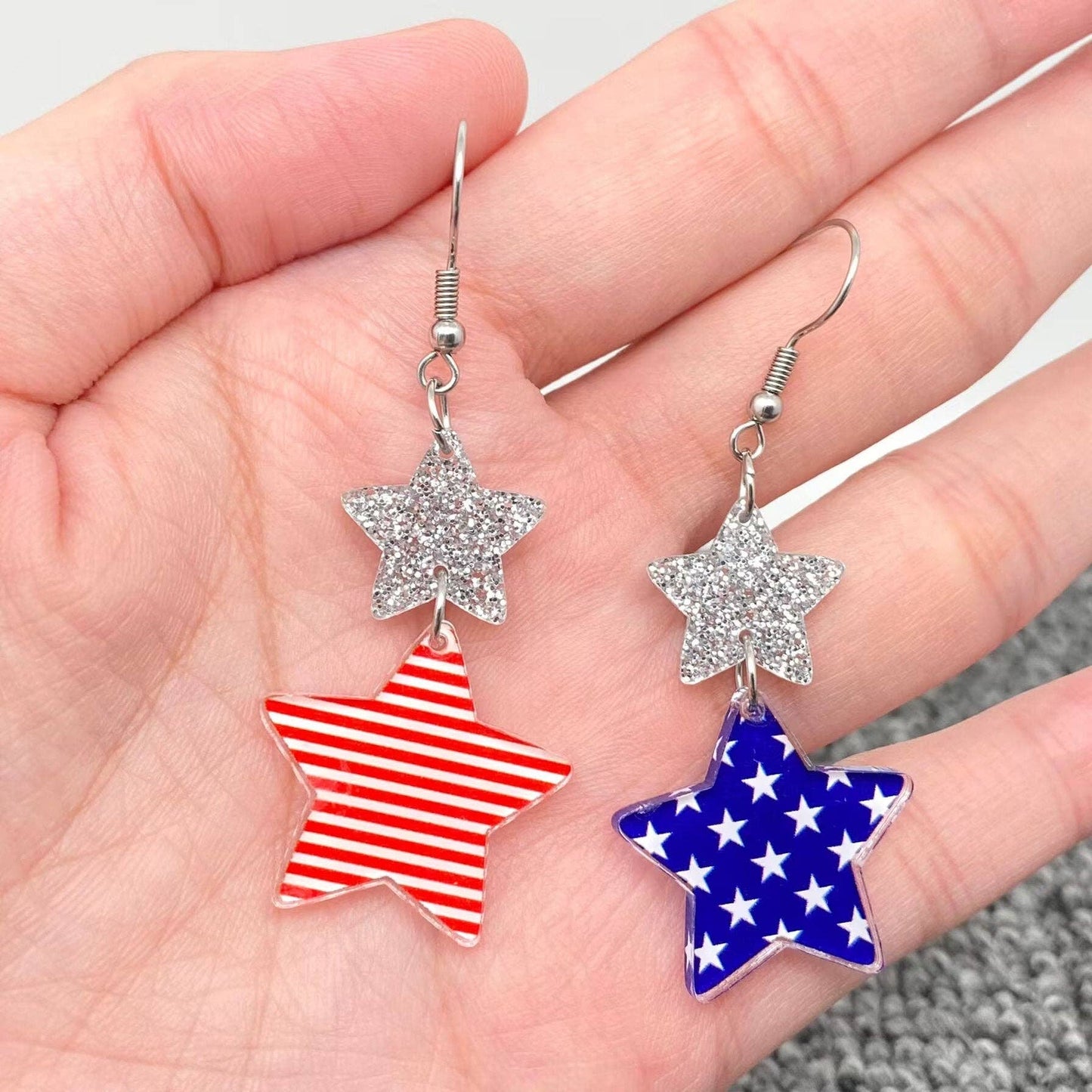Fourth of July Independence Day Colored Star Dangle Earrings