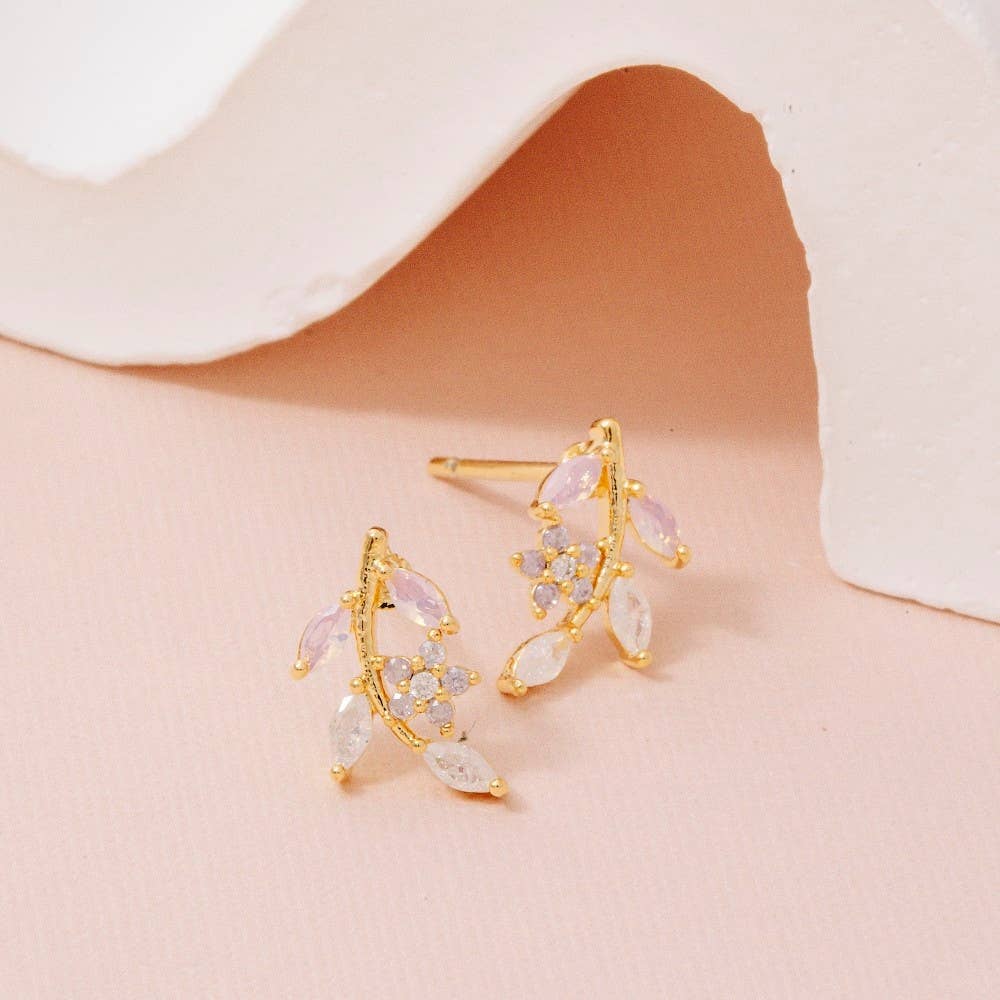 Gold Dipped Cz Leaf Drop Earrings
