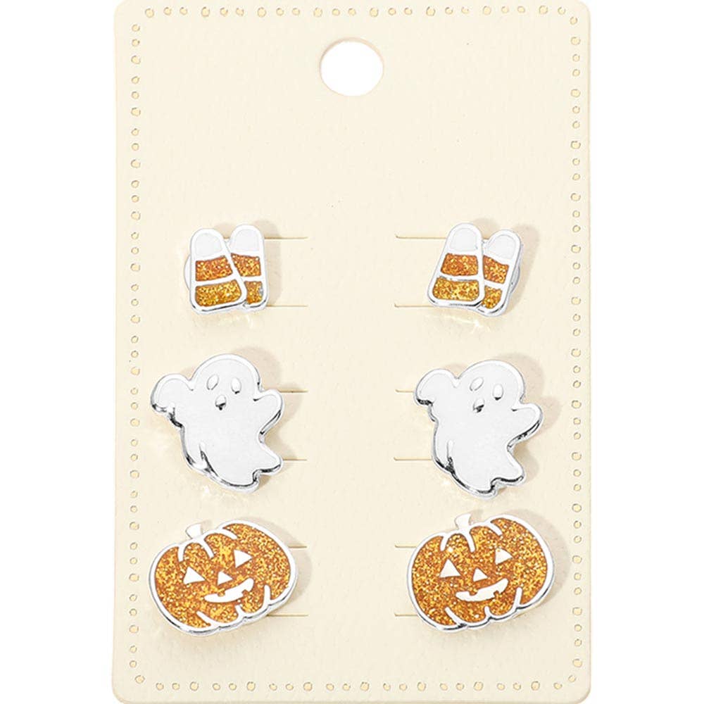 3Pairs - Halloween Candy Corn Ghost Pumpkin Stud Earring Set