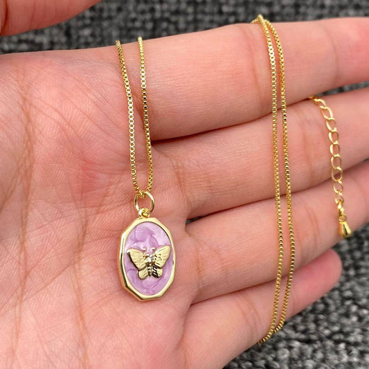 Purple Enamel 18K Gold Plated Butterfly Charm Necklace