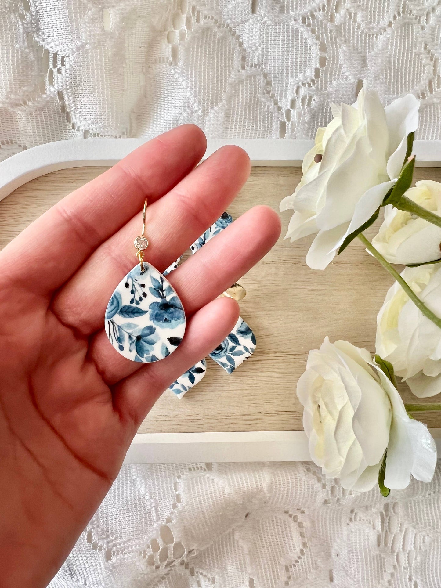 Blue Floral Clay Earrings