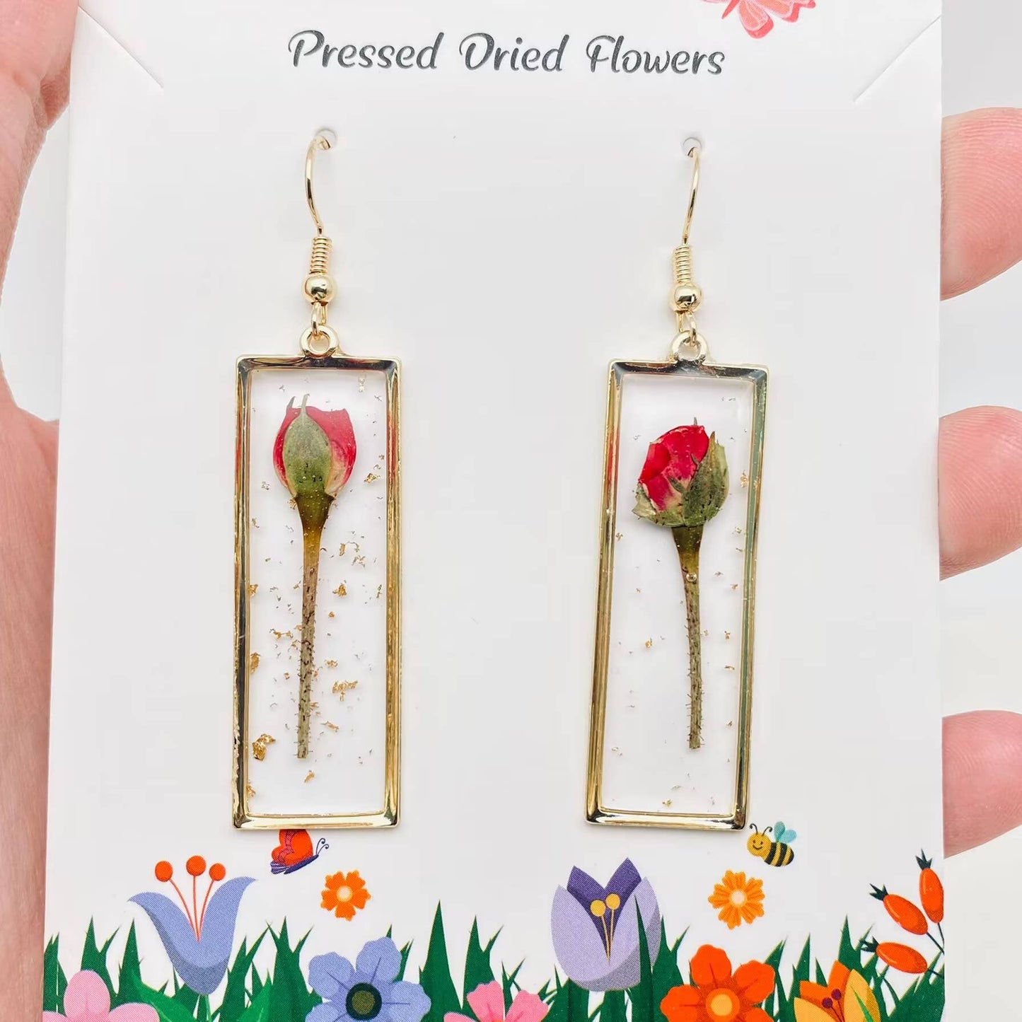 Rectangular Genuine Rose Dried Flowers Dangle Earrings - PDF