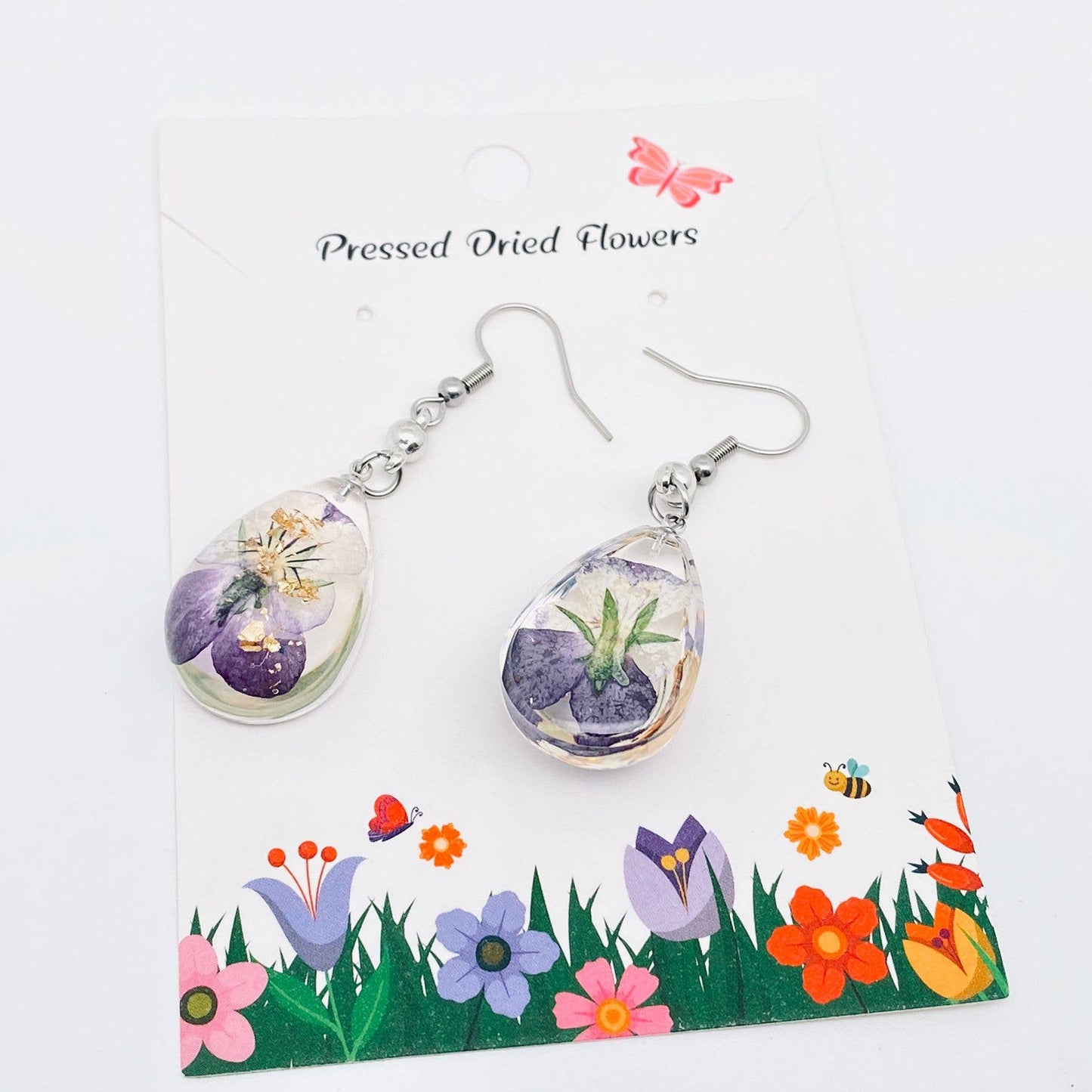 Wild Pansy Genuine Dried Flower Teardrop Dangle Earrings-PDF