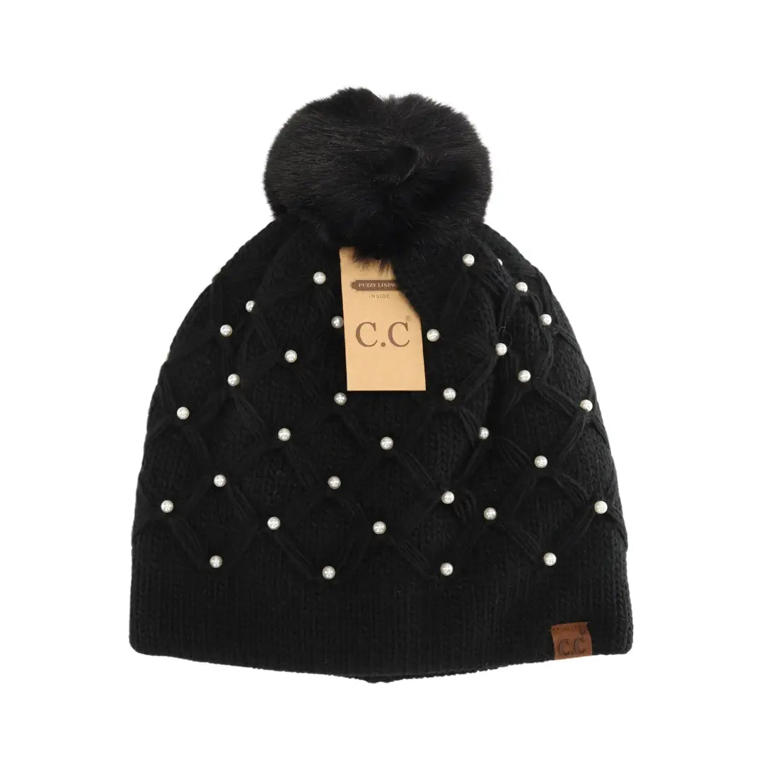 Allover Pearl Crochet C.C Faux Fur Pom Beanie