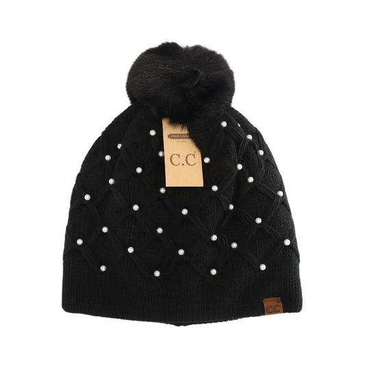 Allover Pearl Crochet C.C Faux Fur Pom Beanie