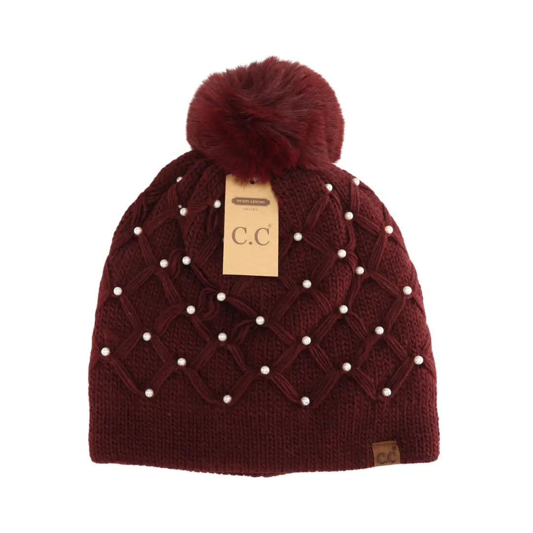 Allover Pearl Crochet C.C Faux Fur Pom Beanie