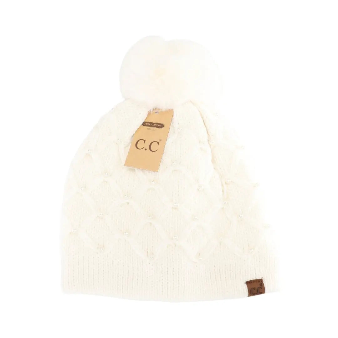 Allover Pearl Crochet C.C Faux Fur Pom Beanie