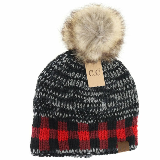 Buffalo Check Mixed Print Fur Pom C.C Beanie