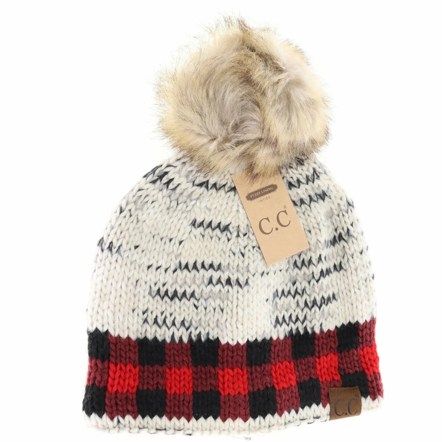 Buffalo Check Mixed Print Fur Pom C.C Beanie