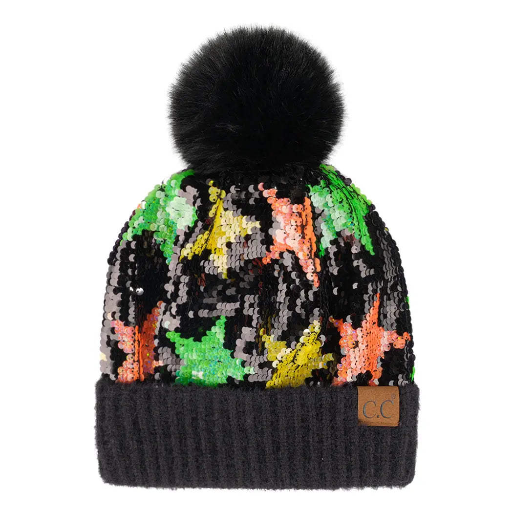 Sequin Multi-Star Patterned Beanie with Pom