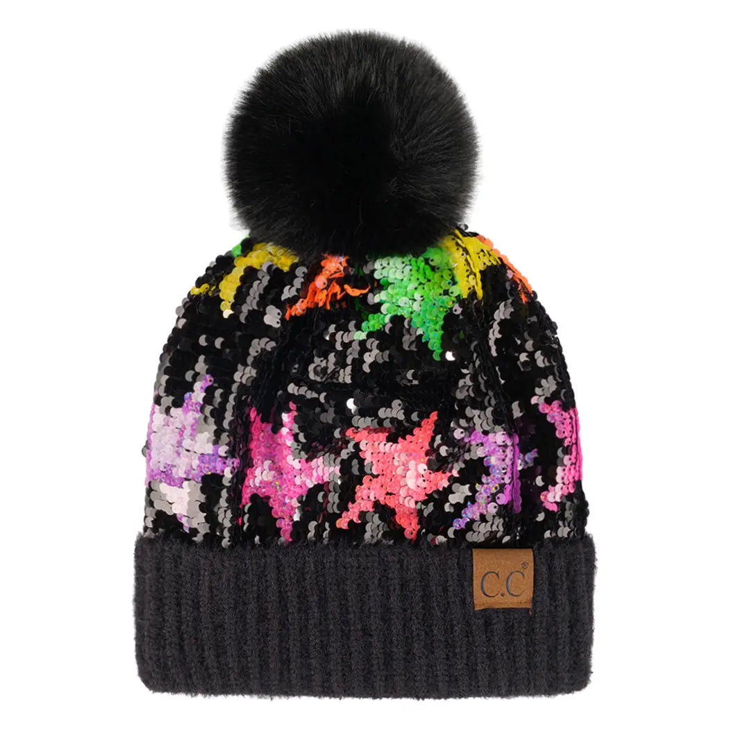 Sequin Multi-Star Patterned Beanie with Pom