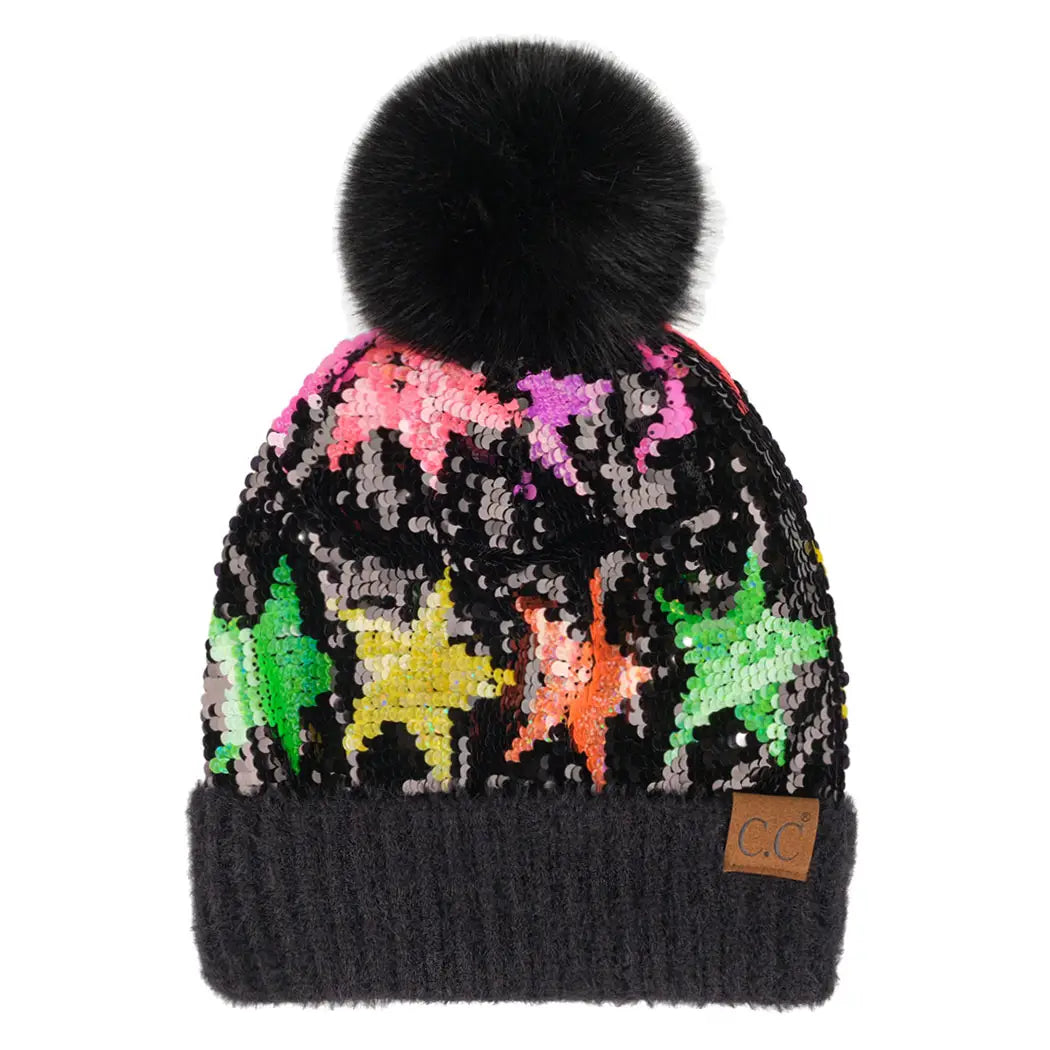 Sequin Multi-Star Patterned Beanie with Pom