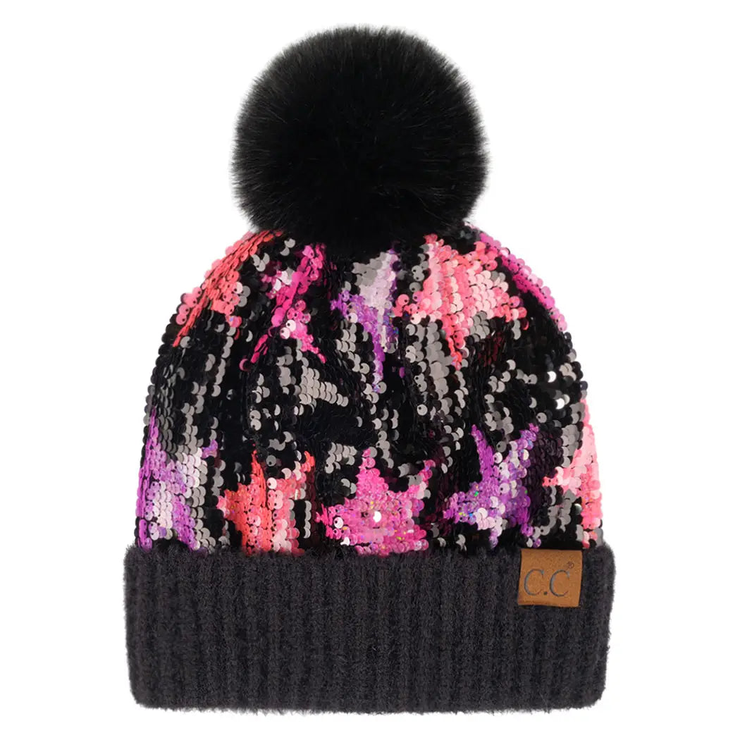 Sequin Multi-Star Patterned Beanie with Pom