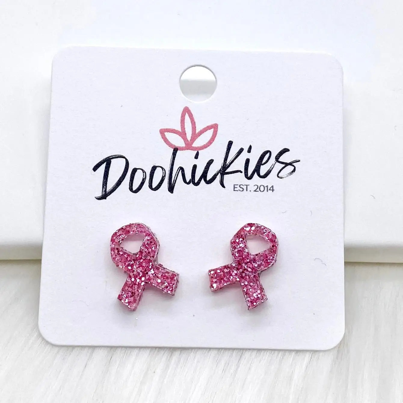 Breast Cancer Awareness Ribbon earrings- pink glitter