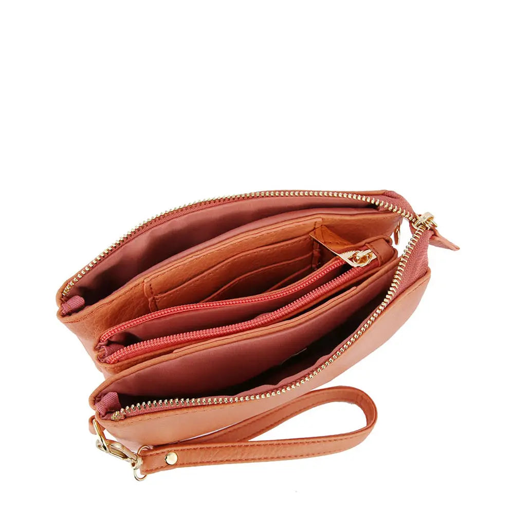 Tripe Comparament Convertible Clutch Crossbody Wristlet