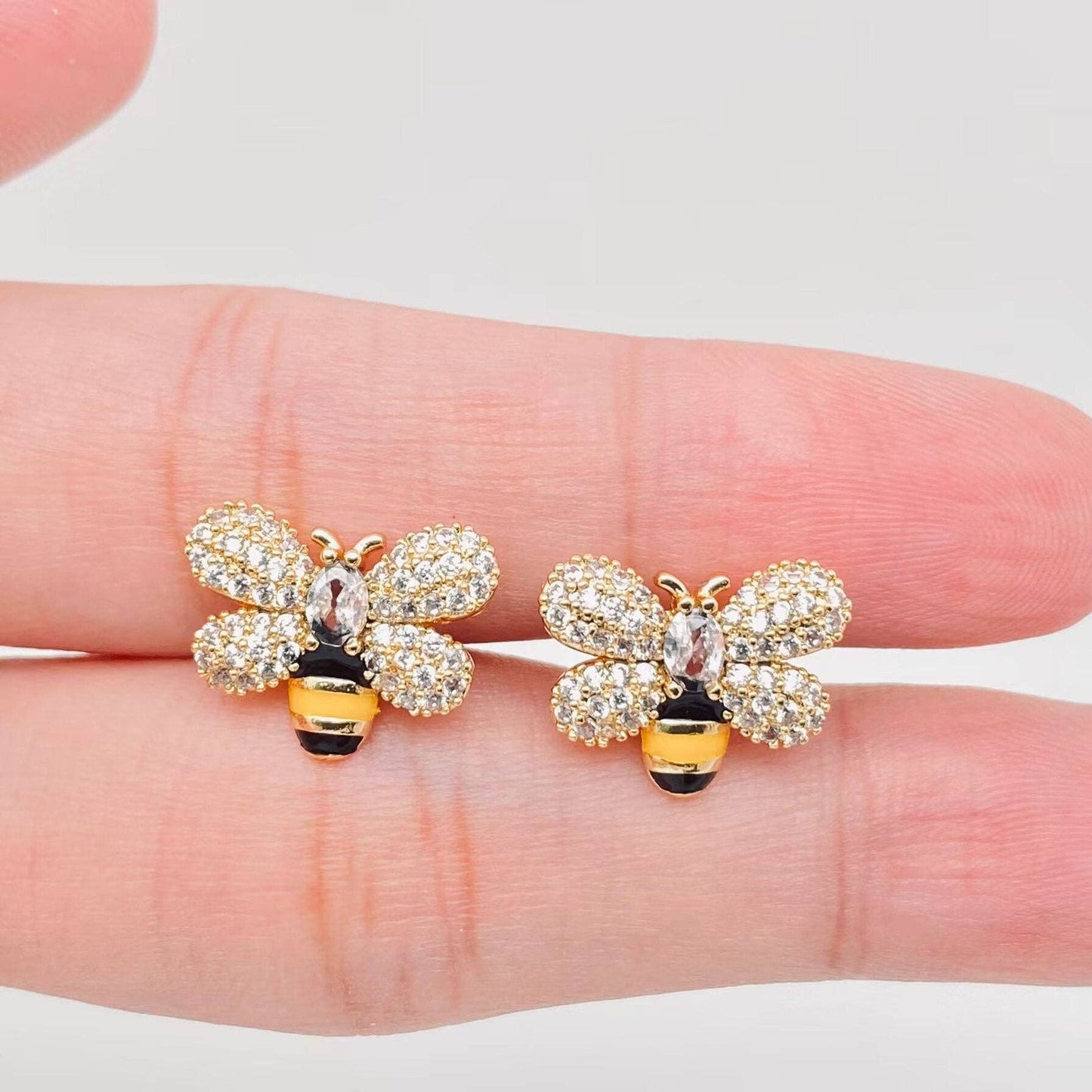 Enamel Bees Stud Earrings Inlaid with Cubic Zirconia