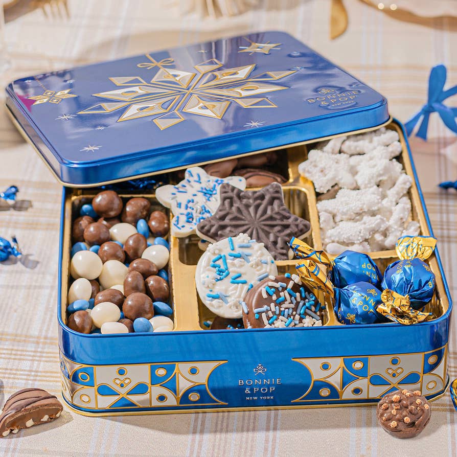 Christmas Gift – Blue Snowflake Holiday Tin with Gourmet Chocolates, Nuts & Cookies