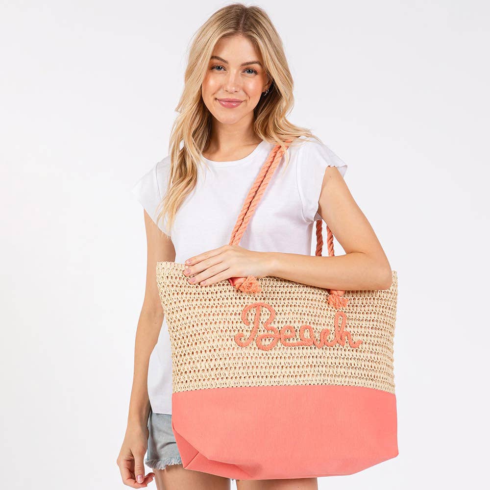 BEACH Message Embroidered Rope Handle Crochet Tote Bag