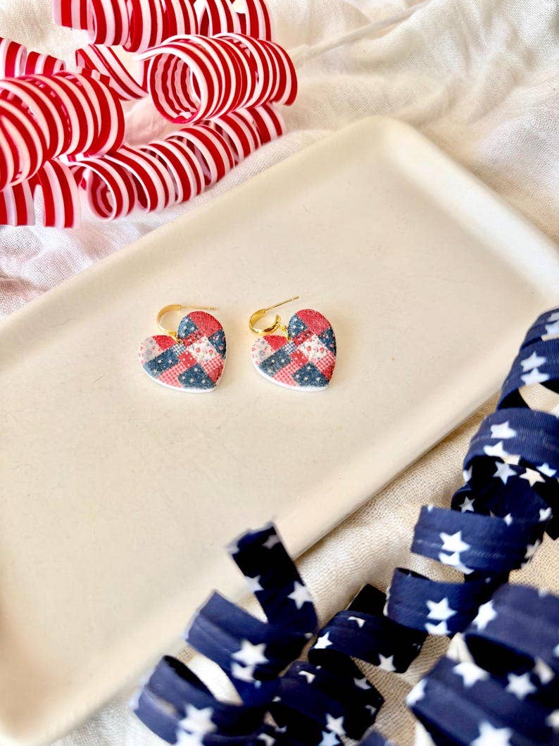 Patchwork Heart Earrings, Patriotic Heart Earrings, Heart Clay Earrings, Patriotic Earrings, July Fourth Earrings, July Clay Earrings