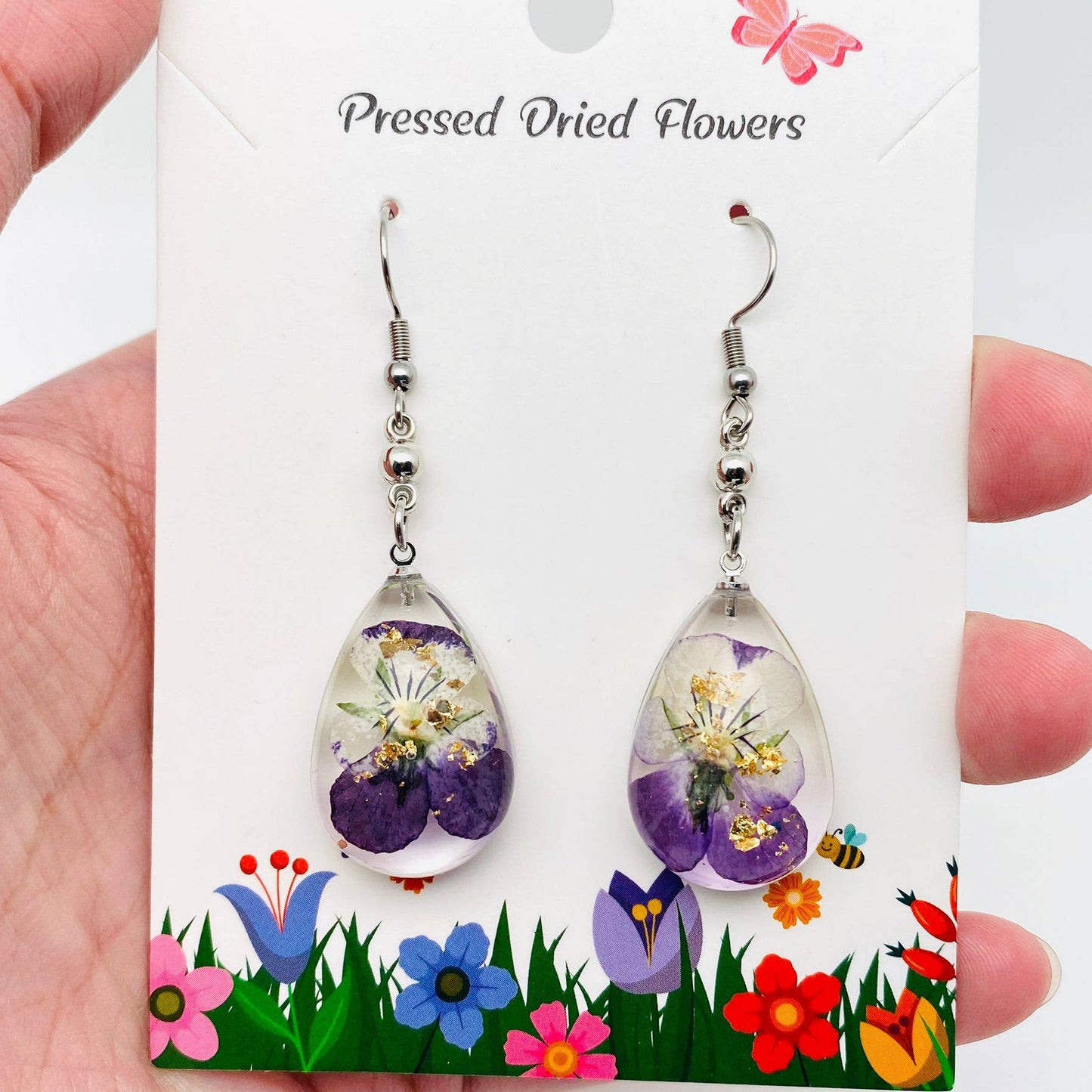 Wild Pansy Genuine Dried Flower Teardrop Dangle Earrings-PDF