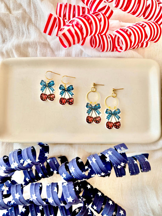 Patriotic Cherry Clay Earrings, Stars and Stripes Earrings