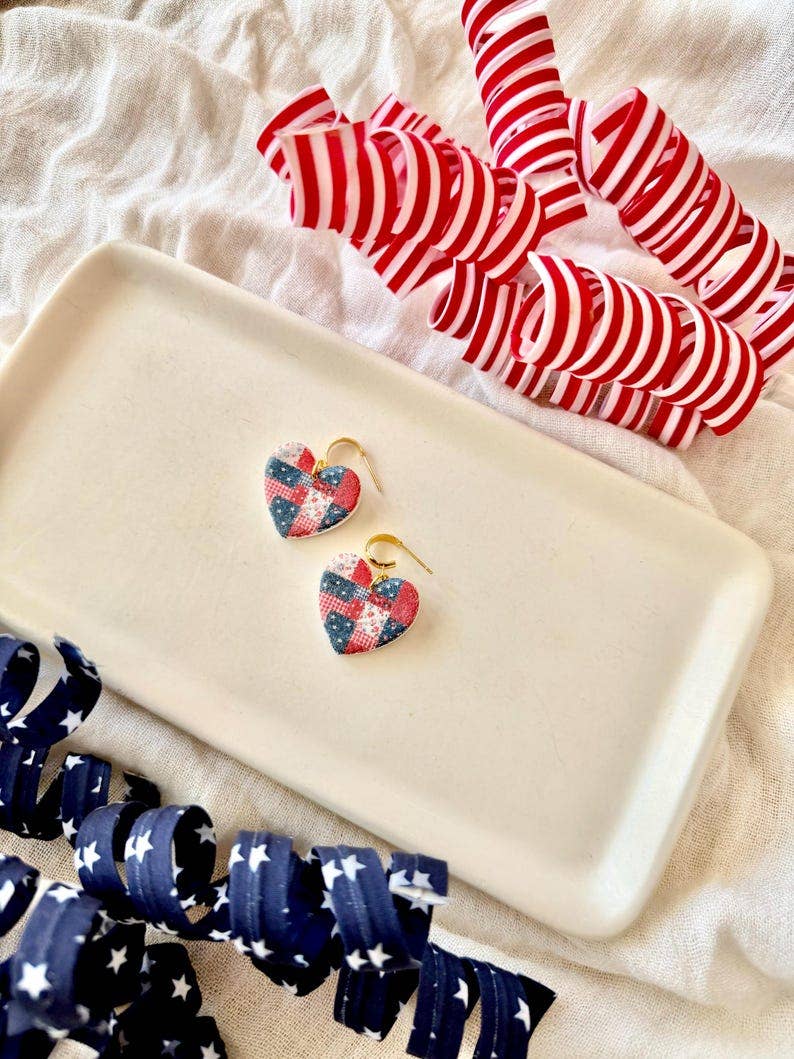 Patchwork Heart Earrings, Patriotic Heart Earrings, Heart Clay Earrings, Patriotic Earrings, July Fourth Earrings, July Clay Earrings