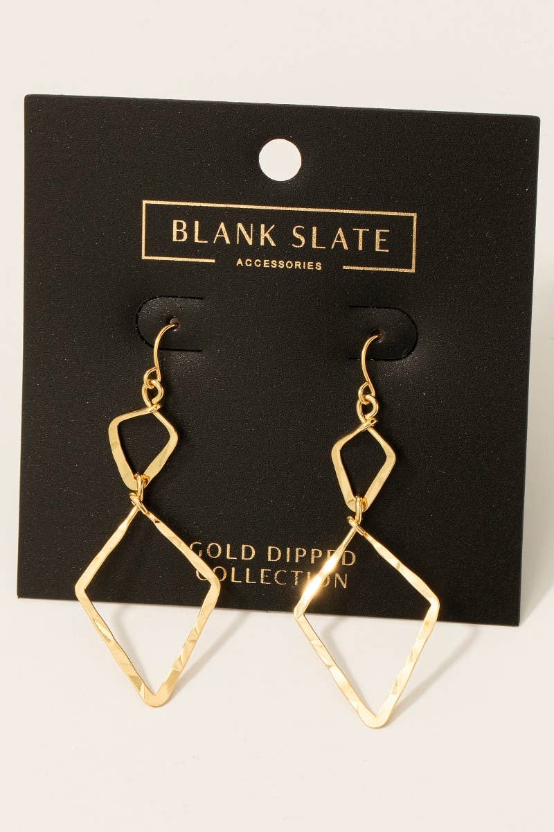 Gold Dipped Hammered Double Diamond Dangle Earrings