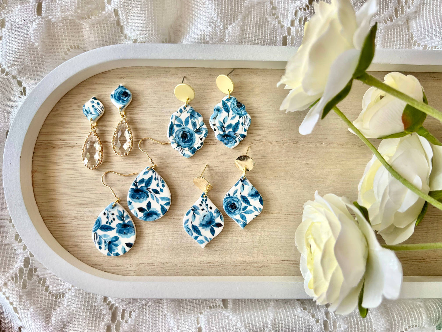 Blue Floral Clay Earrings