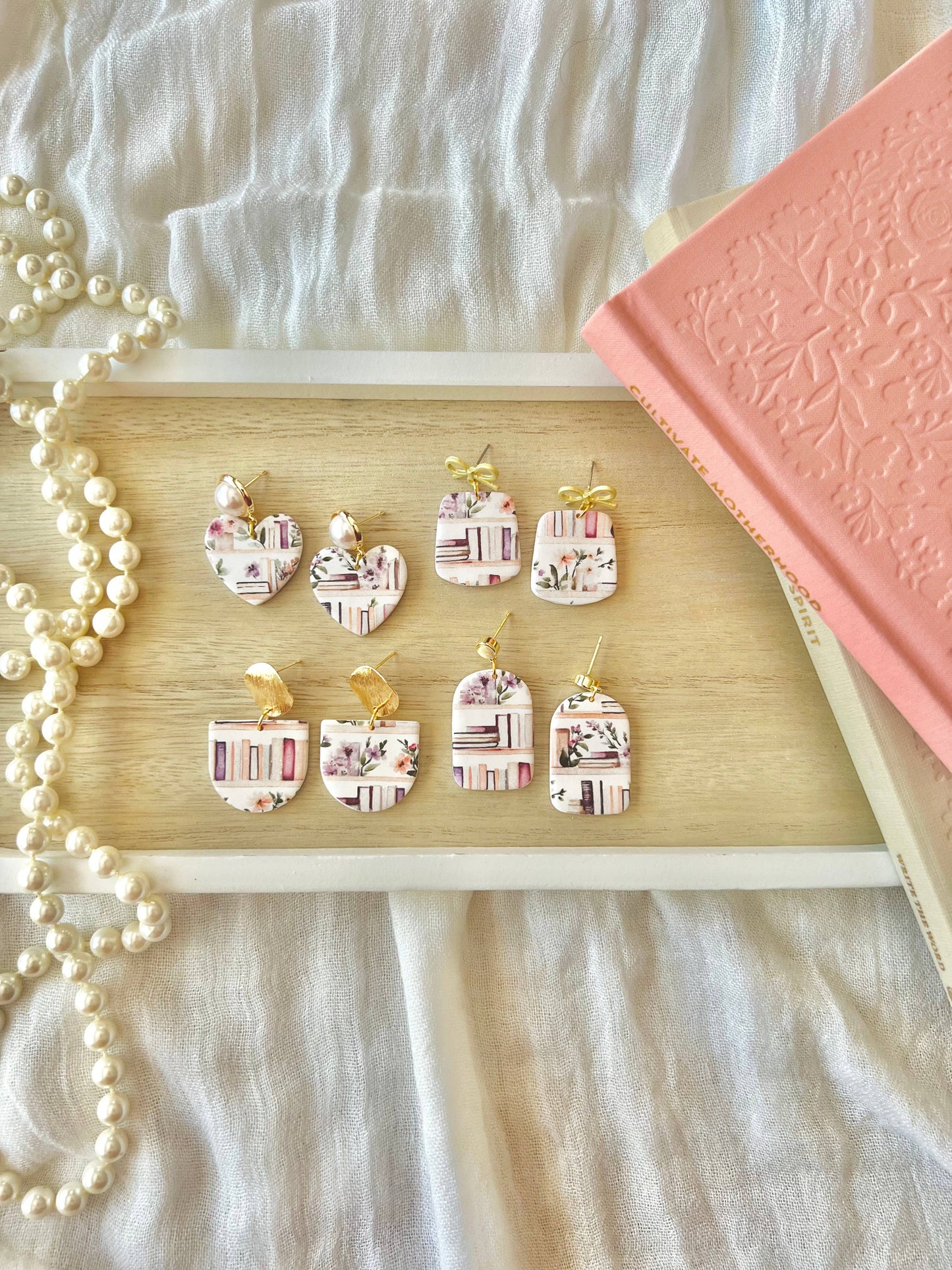 Bookshelf Earrings, Book Clay Earrings, Book Heart Earrings