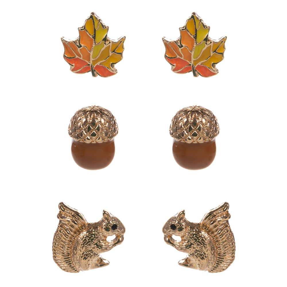 3Pairs - Autumn Leaf Acorn Squirrel Stud Earring Set