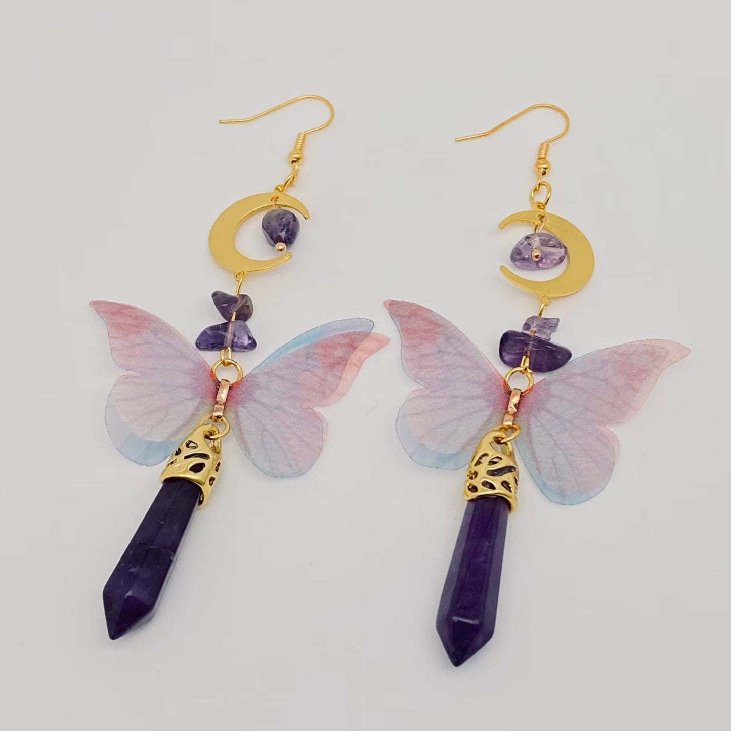 Butterfly Wings Amethyst Moon Pendant Earring - MS