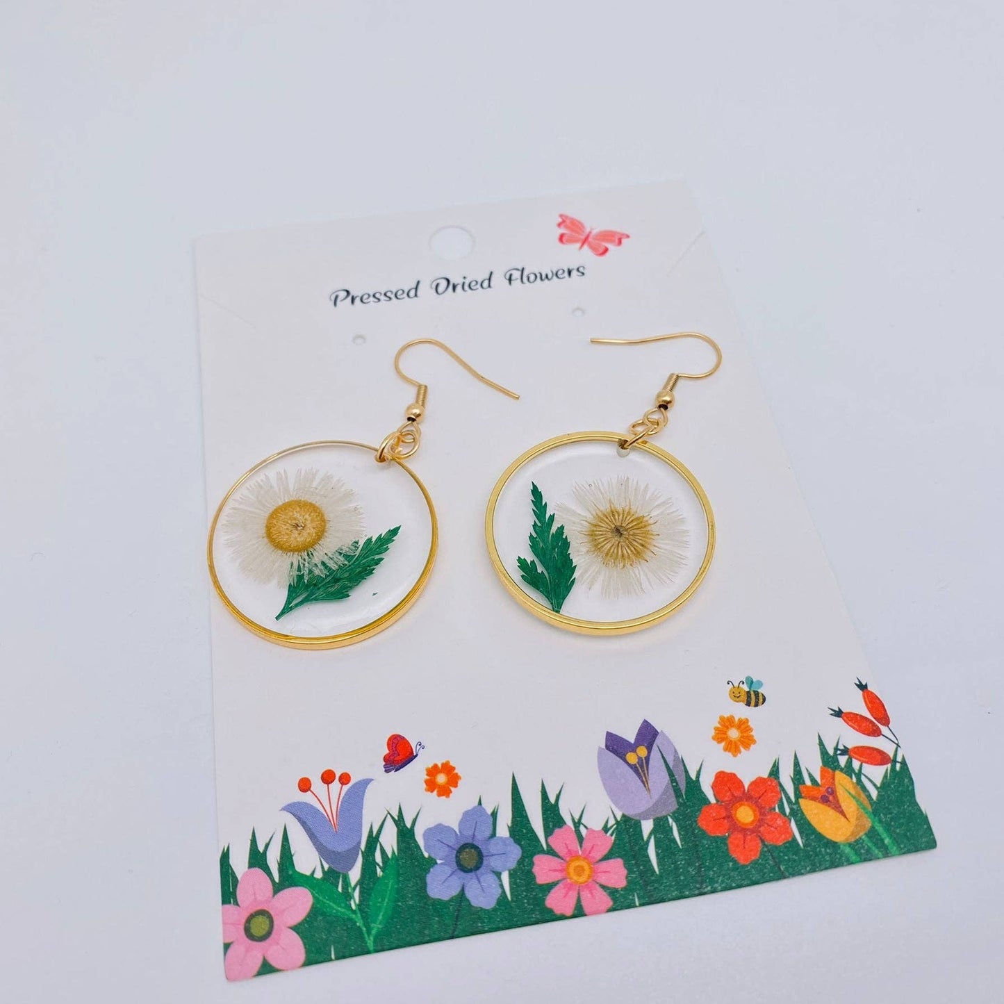 Chrysanthemum & Fern Leaf Dried Flowers Round Earrings - PDF
